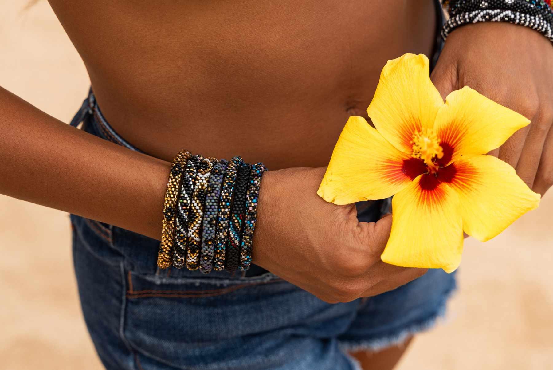 Seed Beaded Bracelets for Women Crochet Bangles Girl Holding Yellow Flower