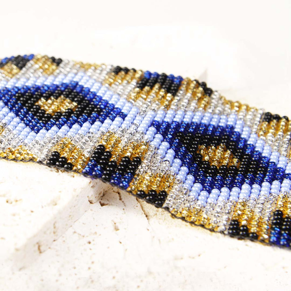 Blue Diamond Temple Loom Beaded Bracelet-1 Side