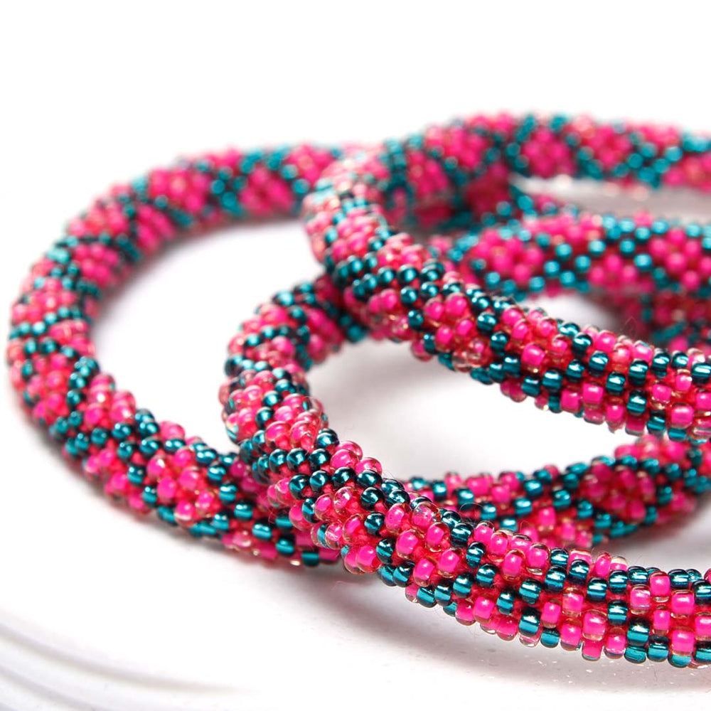 Hot Pink & Teal Criss Cross Beaded Bracelet Side