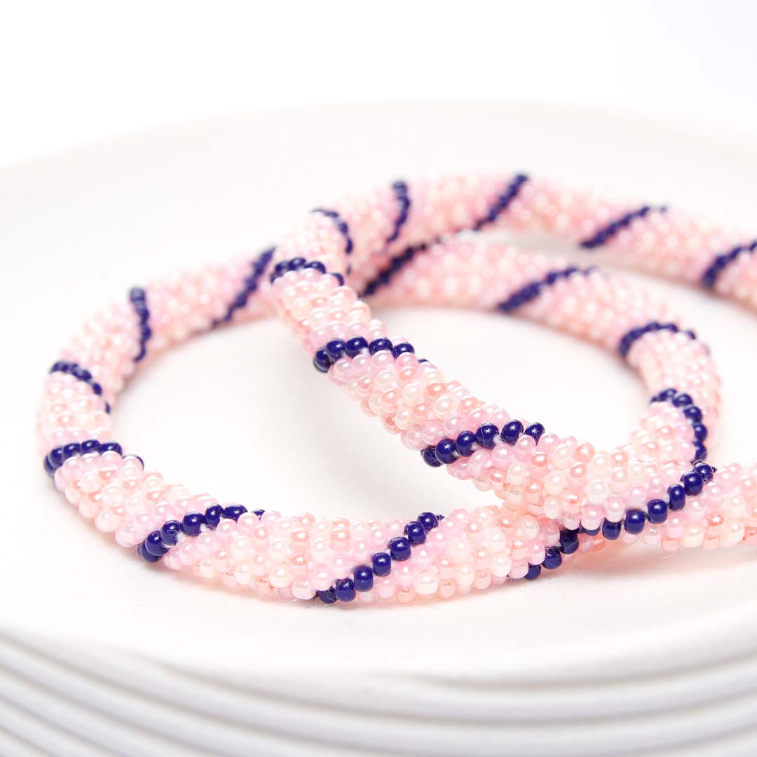 Peachy Pink Navy Twist Beaded Bracelet