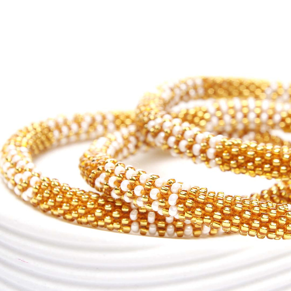 Pearl & Gold Stripe Crochet Beaded Bracelet-1 Side