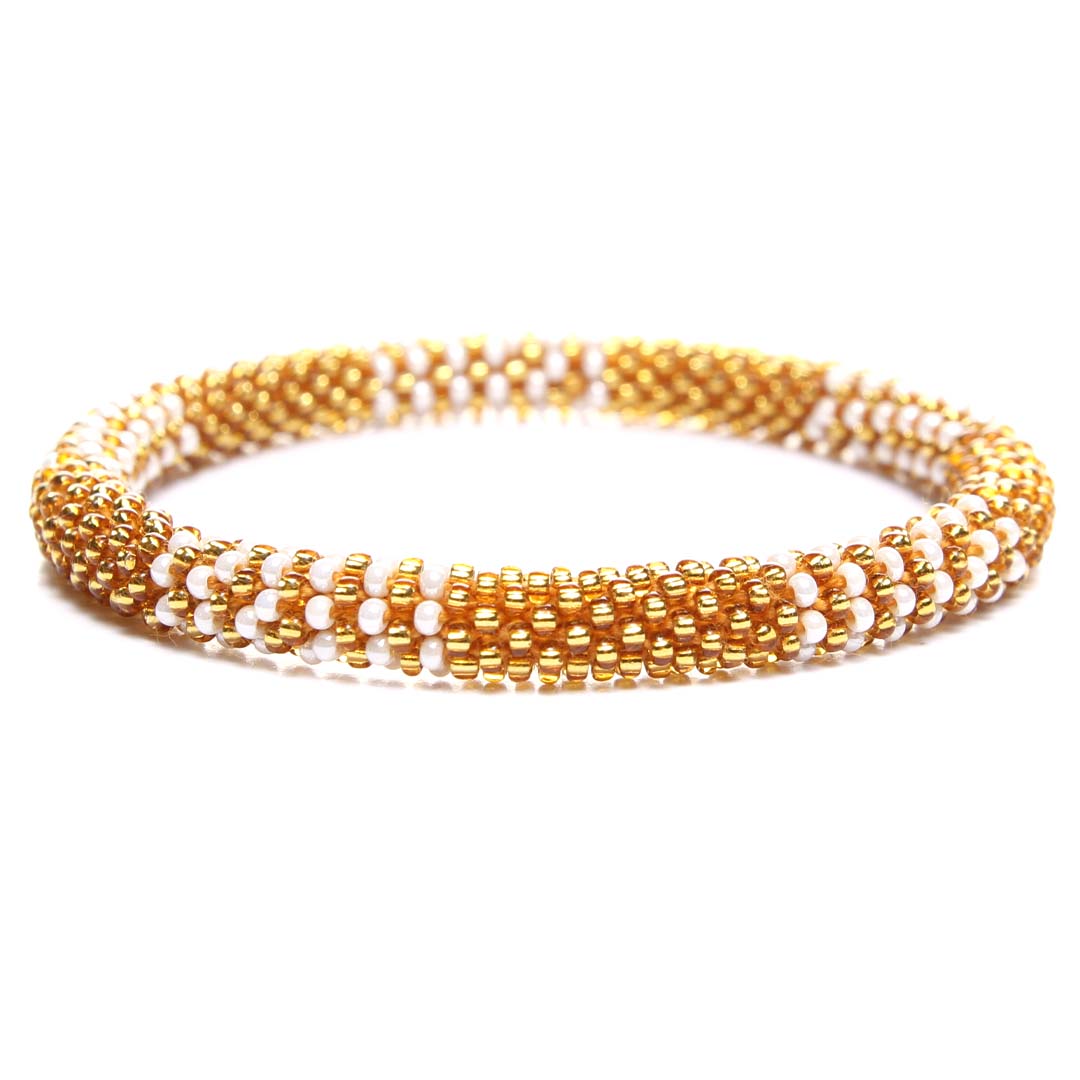 Pearl & Gold Stripe Crochet Beaded Bracelet-1 Front