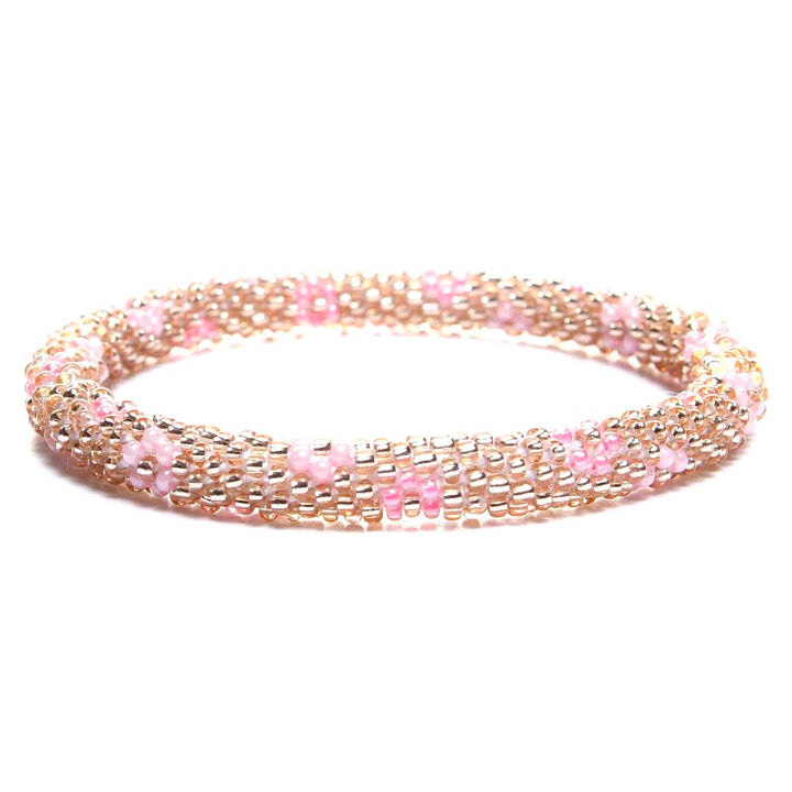 Pink Champagne Daisies Beaded Bracelet-Front 7in