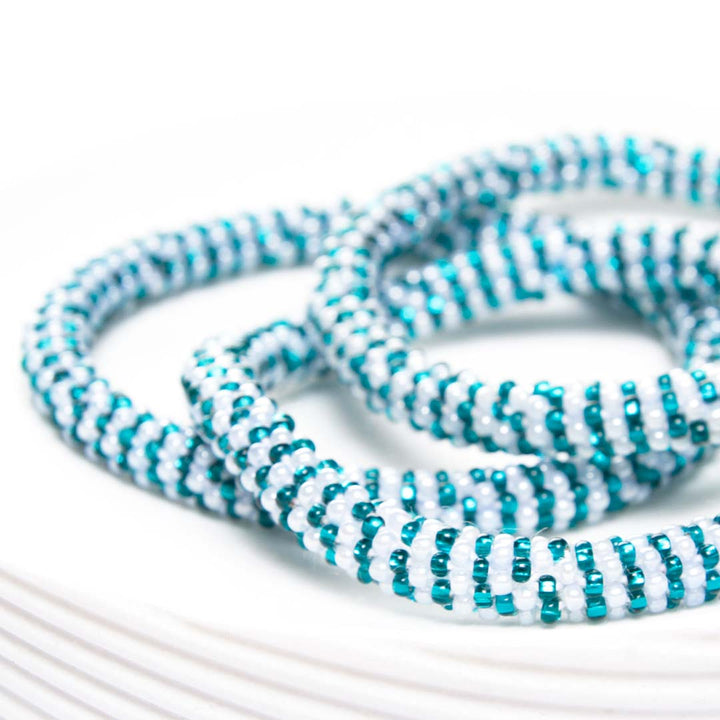 Sparkly Teal Dew Stripe Beaded Bracelet-Side